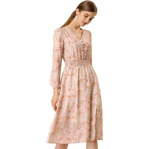 Allegra K Women's Floral Print V-Neck Smocked Waist Midi Dress - 1 of 4