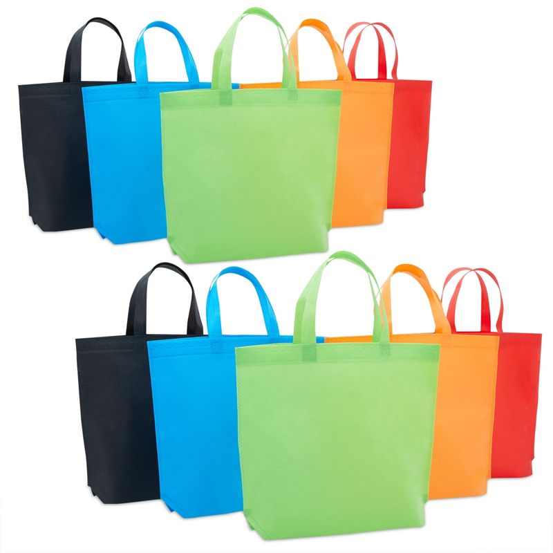 Juvale 10 Pack 10 Pack Non Woven Reusable Shopping Bags with Handles, Fabric Tote for Favors, 5 Colors (15 x 12.5 In), 1 of 10