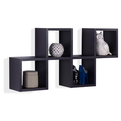 Black MDF Contemporary Floating Wall Shelf with Cubby Holes