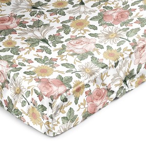 Sweet Jojo Designs Girl Satin Fitted Crib Sheet Vintage Floral Blush Pink Yellow Sage Green White - 1 of 4