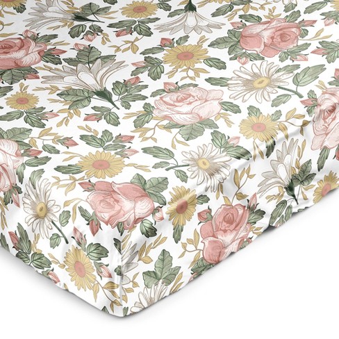 Sweet Jojo Designs Girl Satin Fitted Crib Sheet Vintage Floral Blush Pink Yellow Sage Green White - image 1 of 4