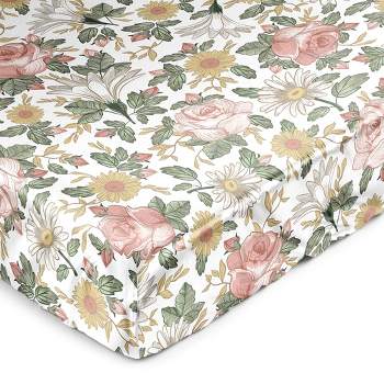 Sweet Jojo Designs Girl Satin Fitted Crib Sheet Vintage Floral Blush Pink Yellow Sage Green White