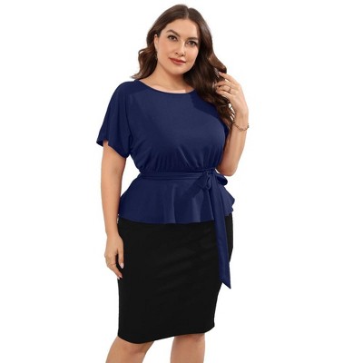 Whizmax Women Plus Size Bodycon Elegant Midi Dress Peplum Business Work Office Sheath Pencil Cocktail Party Dress with Belt Blue Black 4XL
