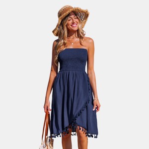Women's Strapless Navy Smocked Tassel Trim Midi Cover Up Dress - Cupshe - 1 of 4