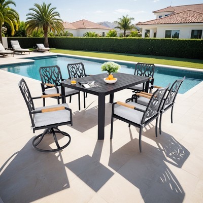 UNISOAR 7PC Outdoor Patio Dining Set with 4 Stationary Chairs and 2 Swivel Rockers