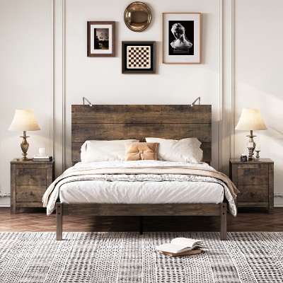 3-Piece Bedroom Sets, Full/Queen Size Farmhouse Platform Bed with 2 Bedside Lights and 2-Drawer Nightstand - ModernLuxe