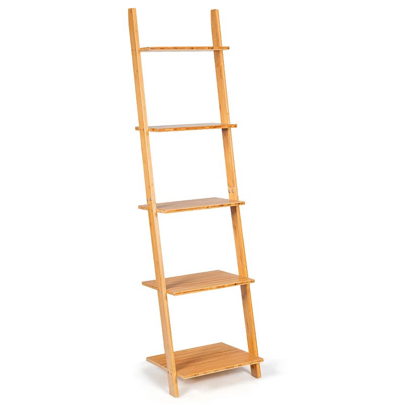 Costway 5-Tier Ladder Shelf Modern Bamboo Leaning Bookshelf Ladder Bookcase Open Display, 1 of 11