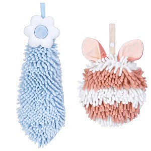 REGALWOVEN 2 Packs Soft Absorbent Flower and Rabbit Shape Decorative Chenille Hand Towel for Bathroom 6" x 15"/7" x 7" - 1 of 4