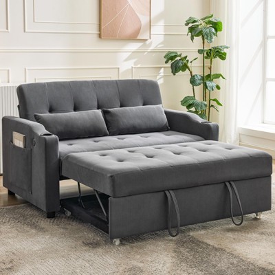 Beige 3-in-1 Convertible Sleeper Sofa Bed with Pull-Out Bed Corduroy Futon with Adjustable Backrest