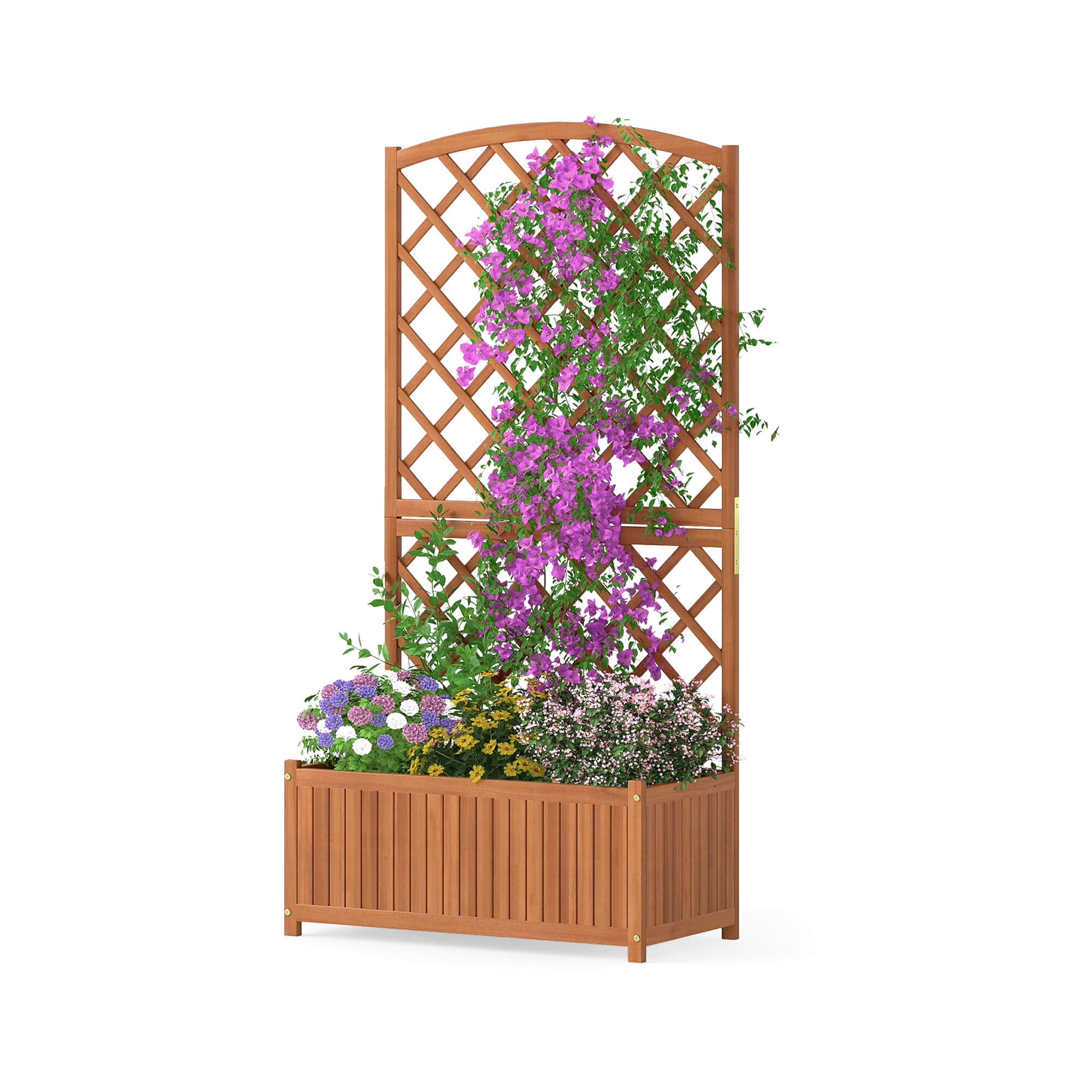 Costway 1 PCS 63” Wood Planter Container with Diamond Trellis, Planter Box, Slat Base for Plants