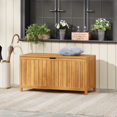 100 Gallon Acacia Wood Deck Box, Outdoor Patio Storage Box with Slatted Panels, Teak Finish, Easy Open Lid – Cuddlewood