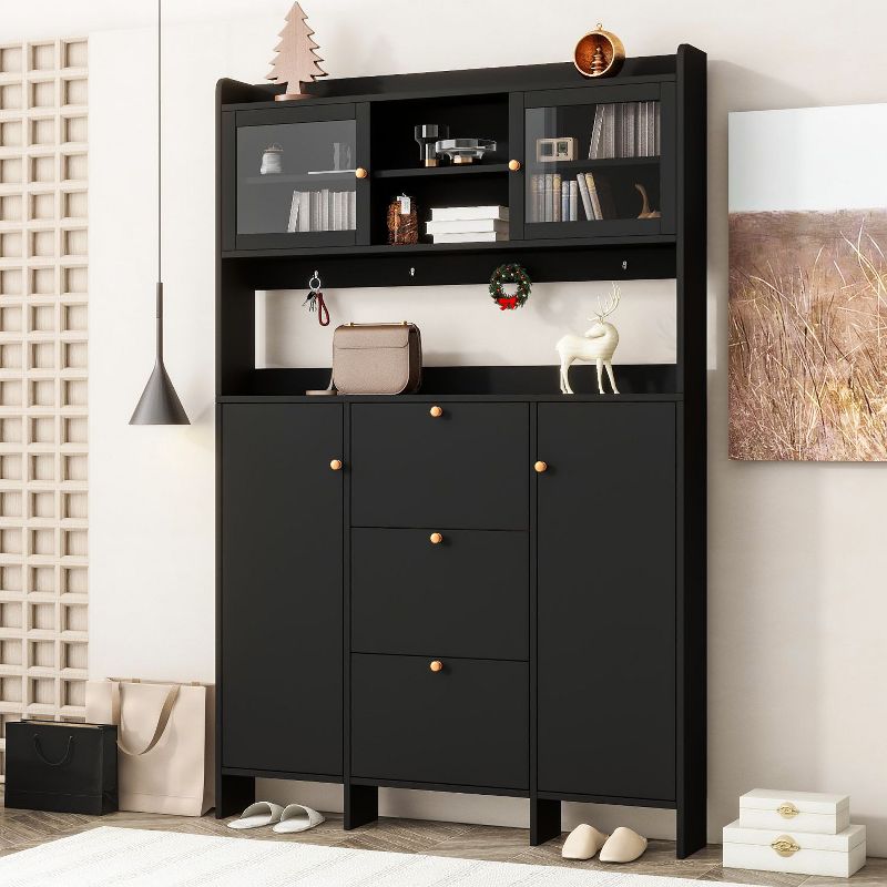 Contemporary Cabinet with Open Storage Platform, Versatile Shoe Cabinet with 3 Flip Drawers and 4 Hanging Hook - The Pop Home, 2 of 10