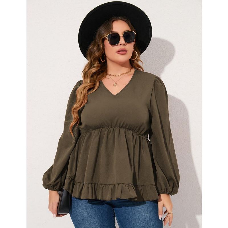 WhizMax Women's Plus Size Blouses Casual V Neck Babydoll Tunic Puff Long Sleeve Chiffon Tops A Line Shirts, 3 of 8