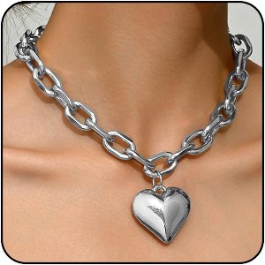 Chunky Heart Statement Necklace for Women, Big Puffy Heart with Chunky Chain - 1 of 4