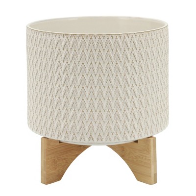 Sagebrook Home Chevron Pattern Round Ceramic Planter Pot With Wooden ...