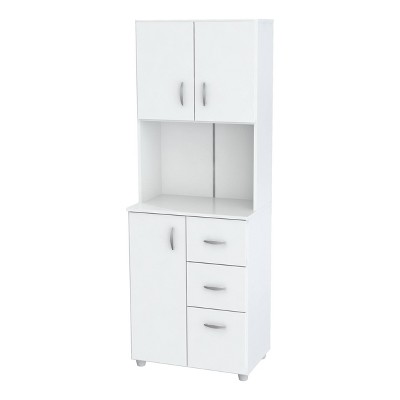 White Wood Storage Cabinet, Microwave Cart with 2 Doors 4 Casters