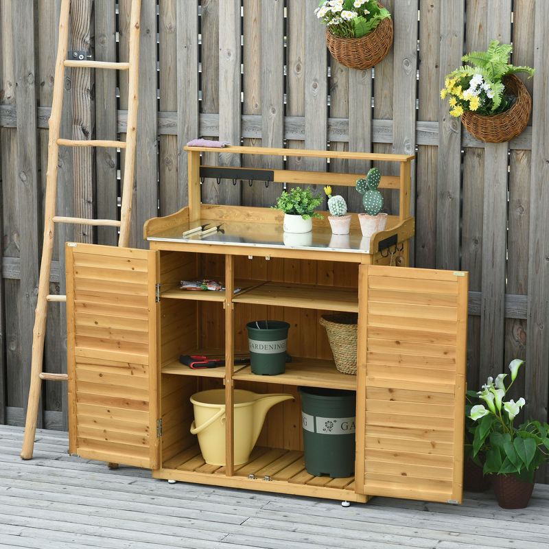 Outsunny Garden Potting Bench Table Wooden Workstation Shed with Tabletop, Hooks, 3-Tier Shelves Cabinet and 2 Magnetic Close Doors, 4 of 10