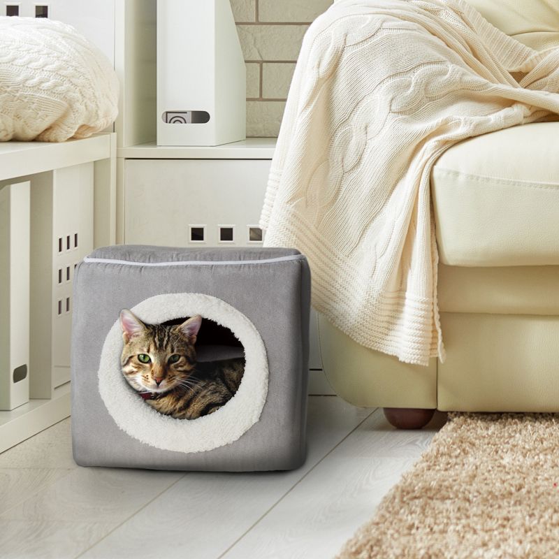 Pet Adobe Cat Pet Bed Cave With Removable Cushion - For Large Cats/Small Dogs, 13" x 12" x 11.25", Gray, 1 of 8