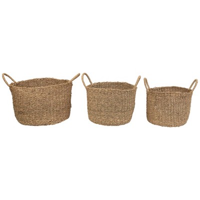 Beige Round Seagrass Storage Basket Set with Handles