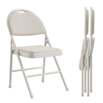 Homhougo Folding Chairs 2 Pack, Metal Foldable Chair with Cushion and Non-Slip Feet Pads, Linen Party Chairs Beige