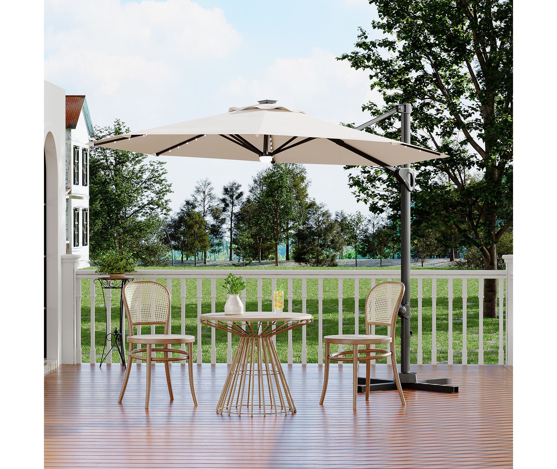 10FT Cantilever Umbrella w/ Solar Lights, 360° Rotation & Tilt, Easy Crank, UV Protection for Pool, Deck, Backyard