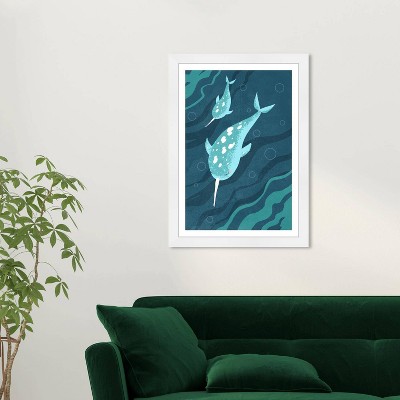 Wynwood Studio 15"x21" Narwhals Wall Art White Frame: Modern Mixed Media Animal Canvas, Wood Composite Frame, Vertical Layout