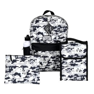 RALME Grey Gaming Camo Backpack Set for Boys & Girls, 16 inch, 6 Pieces - Includes Foldable Lunch Bag, Water Bottle, Key Chain, & Pencil Case - 1 of 4
