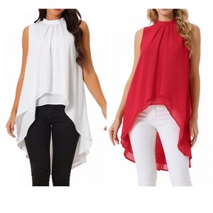 INSPIRE CHIC Women's Casual Tie Back Asymmetrical High Low Sleeveless Mock Neck Flowy Blouse 2 Packs - 1 of 4