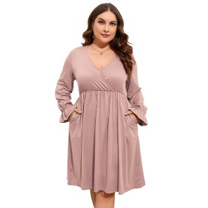 BLUEMING Plus Size Women Dress Faux Wrap V Neck Dress with Ruffle Cuff Bishop Sleeve Fall Midi Dress - 1 of 4