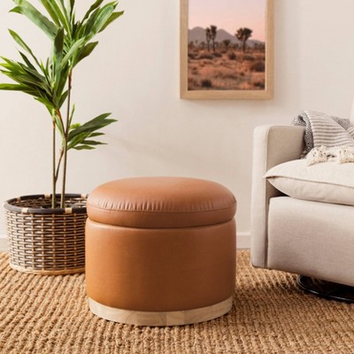 Naka 21.75'' Vegan Tan Leather Storage Ottoman with Light Wood Base
