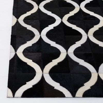 Hand-Knotted Black and Beige Geometric Cowhide Area Rug, 5' x 8'