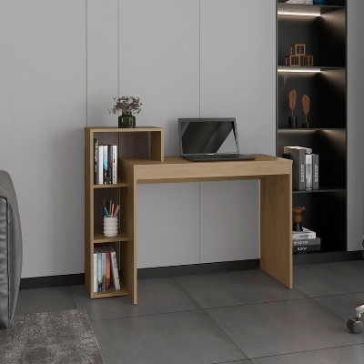 Vynxaria 43" Wide Writing Desk - Four Shelves, Natural Oak, 43.3"W x 35.4"H x 15.7"D