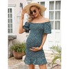 KOJOOIN Women's Maternity Square Neck Puff Sleeve Off Shoulder Smocked Ruffle Hem Maternity Summer Dress(dark green,L) - 3 of 4