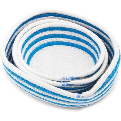 Farmlyn Creek 3 Pack Round Woven Storage Baskets, Blue and White Stripes (3 Sizes)