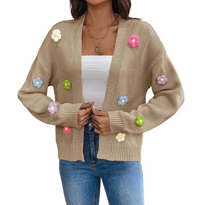 Sweaters for Women Oversized Y2k Cardigan Long Sleeve V-Neck Button Crochet Flower Knit Womens Clothes