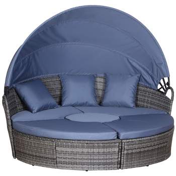 Outsunny Round Daybed, 4-piece Cushioned Outdoor Rattan Wicker Sunbed or Conversational Sofa Set with Sun Canopy