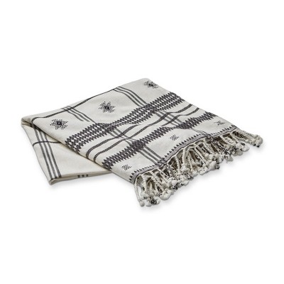 tagltd Peak Cotton Decorative Throw for Sofa or Bed Natural, Black and White Print with Tassels 50L x 60W in.