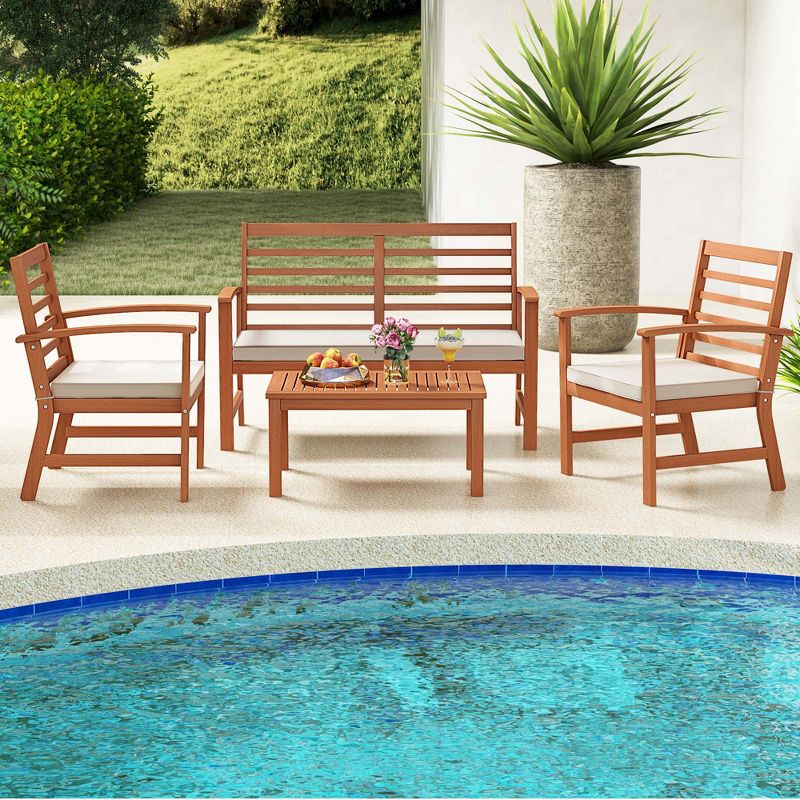 Costway 4 PCS Outdoor Furniture Set with Soft Seat Cushions Stable Acacia Wood Frame White/Navy/Gray, 4 of 10