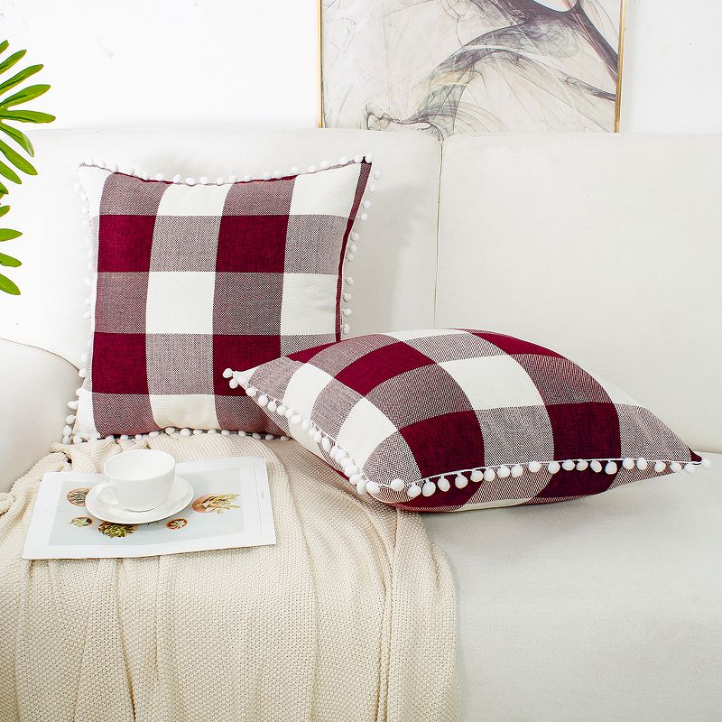 PiccoCasa Buffalo Check Plaid Throw Pillow Cover with Pompoms Decorative Cushion Cover Decor 2 Pcs, 1 of 9