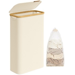 SONGMICS Laundry Hamper with Lid 3-Section Large Laundry Basket Removable Mesh Liner Bamboo Handles Collapsible - 1 of 4