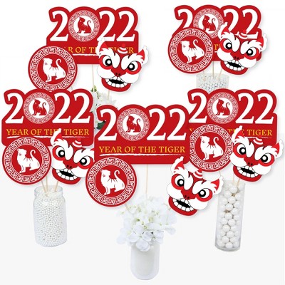 Big Dot of Happiness Chinese New Year - 2022 Year of the Tiger Party Centerpiece Sticks - Table Toppers - Set of 15