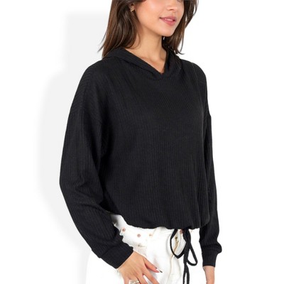 Anna-Kaci Women's Drawstring Hem Ribbed Hoodie with Long Sleeves and Relaxed Fit