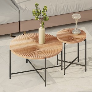NicBex Natural 2-Piece Round Coffee Table & End Table Set,Distressed Wood Design & Black Metal Legs,Center Table for Living Room - 1 of 4