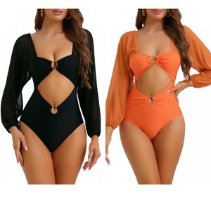 INSPIRE CHIC Women's Cut Out Ring Plunge Neck Shirred Long Sleeves Mesh Tummy Control Monokini Swimsuit 2 Sets - 1 of 4