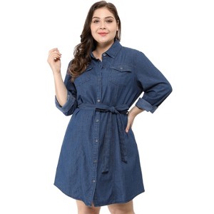 Agnes Orinda Women's Plus Size Long Sleeves Belted Midi Denim T-Shirt Dresses - 1 of 4