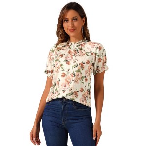 INSPIRE CHIC Women's Ruffled Short Sleeve Floral Mock Neck Summer Top - 1 of 4
