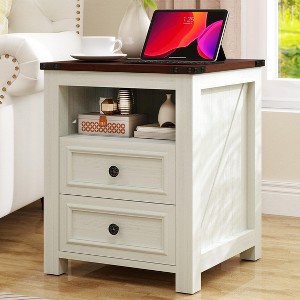Dyonery Night Stand with Charging Station, Rustic 18 Inch Bedside Table with 2 Storage Drawers and Open Shelf - 1 of 4