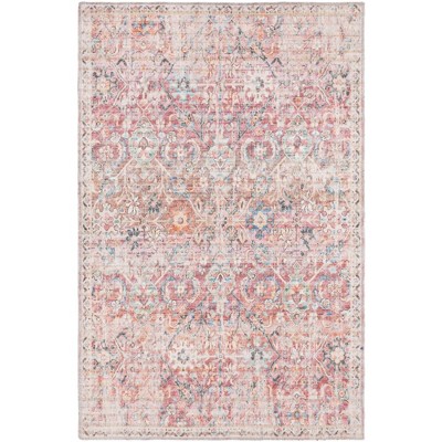 Ivory and Pink Flat Woven Washable Synthetic Area Rug 4' x 6'