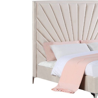 Beige Velvet Queen Bed with Tufted Headboard and Metal Feet