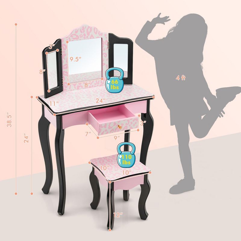Costway Kid Vanity Set Wooden Makeup Table Stool Tri-Folding Mirror Leopard Print Pink, 4 of 11